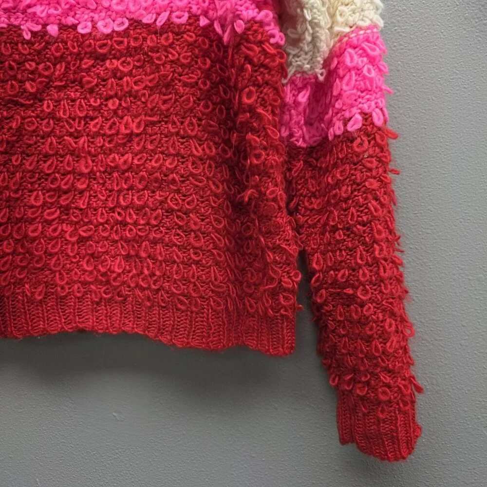 Woven Heart Sweater Womens Medium Cream Pink Red Colorblock Boucle Loop Knit - Picture 3 of 9